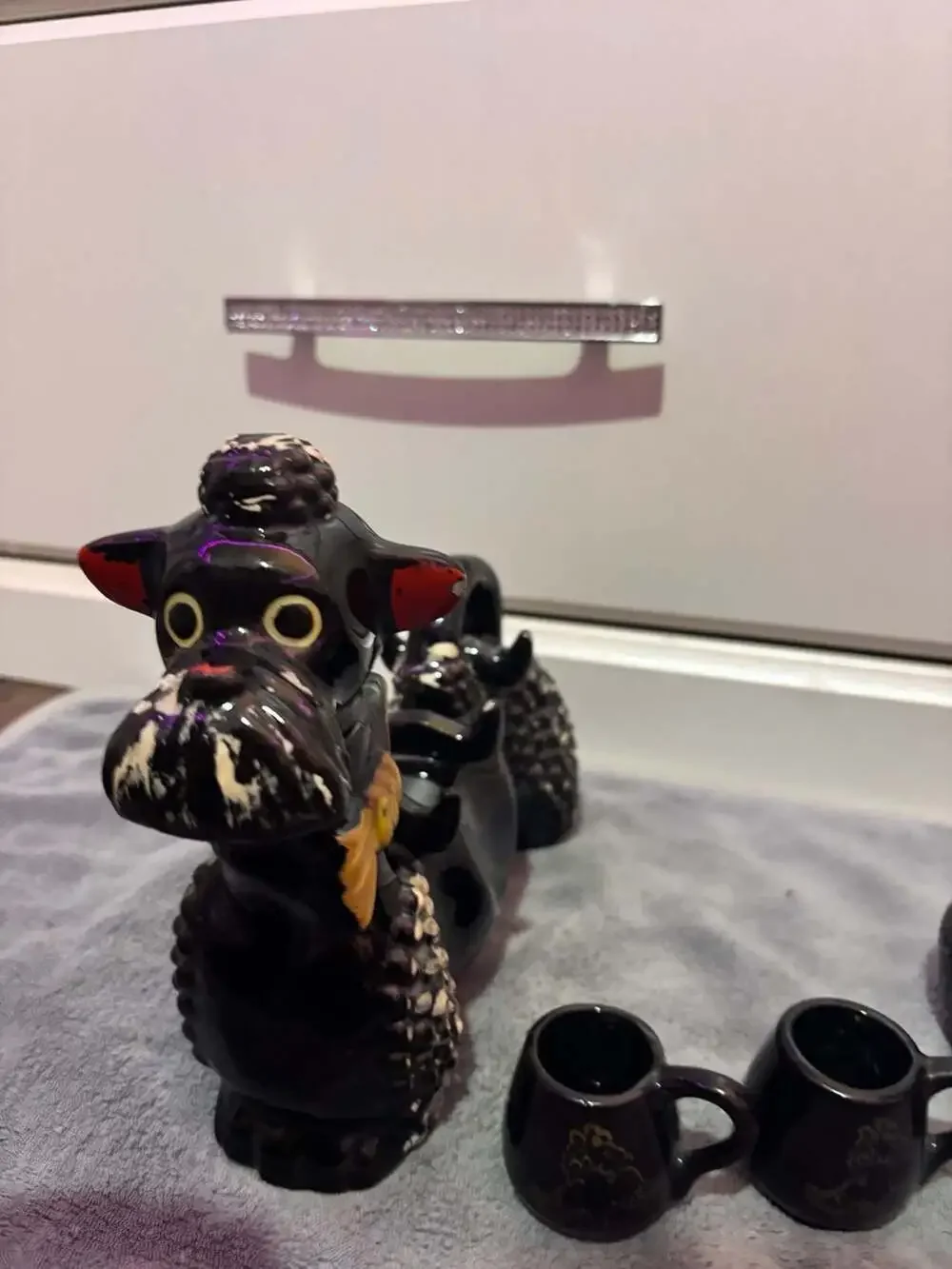 Vintage Mid-Century Black Poodle Decanter with Mini Cups and Puppy Train